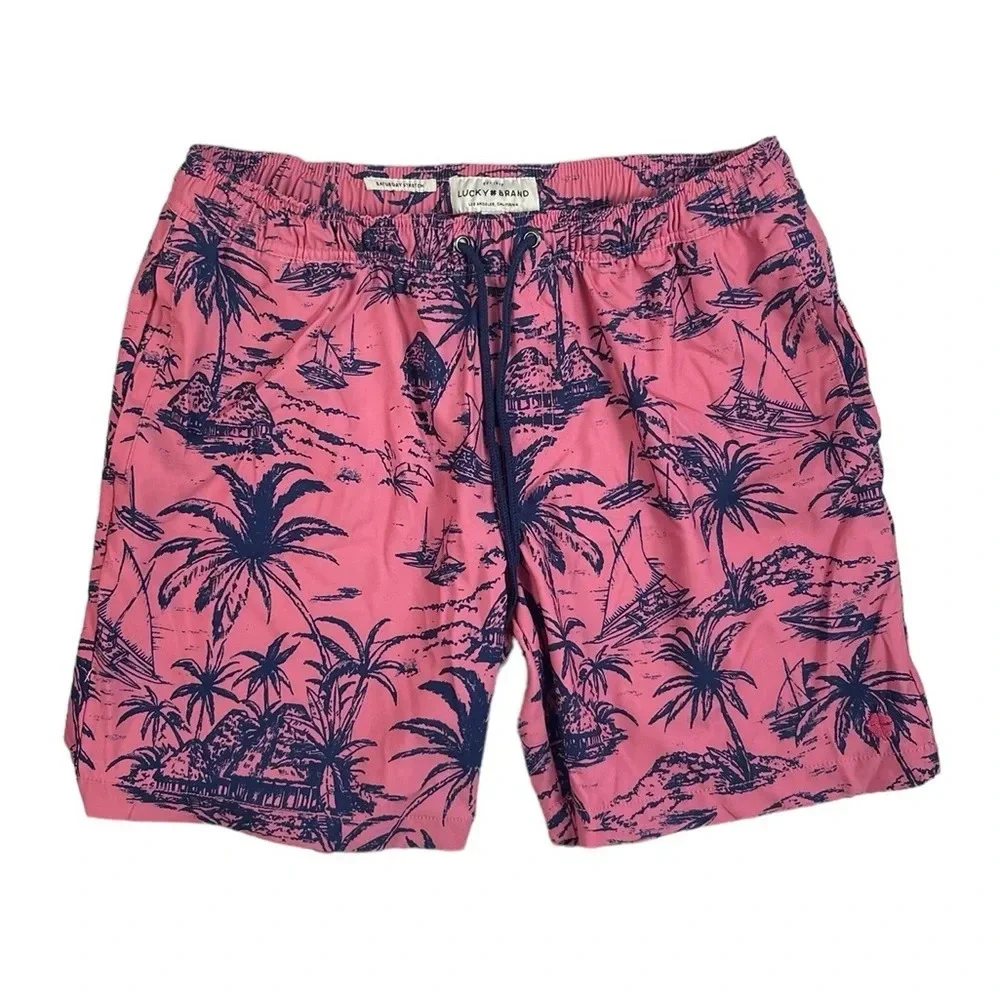 SH729 Men’s Lucky Brand Saturday Stretch Tropical Hawaiian Swim Trunks M